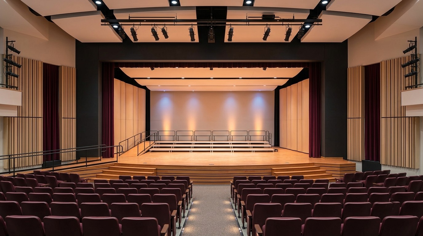 Conceptual interior rendering of the finished New Rochelle Arts Center stage viewed from the audience